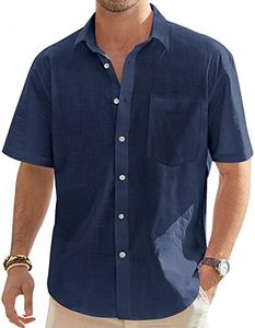 J.Ver Men's Cotton Linen Short Sleeve Shirts Casual Lightweight Button Down Shirts Vacation Beach Summer Tops with Pocket, Navy blue, G