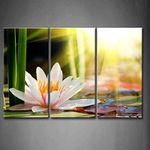 First Wall Art - Lotus on the Water Wall Art Decor Sunshine Through the Flower Canvas Pictures Artwork 3 Panel Painting Prints for Home Living Dining Room