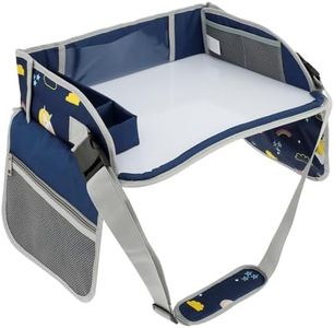 FwQoFvk Car Seat Tray, Kids Travel Tray for Car, Easy to Install Car Seat Table Tray, Portable Car Lap Tray with Adjustable Shoulder Strap and Pocket for Kids Road Trip Activities (Blue)