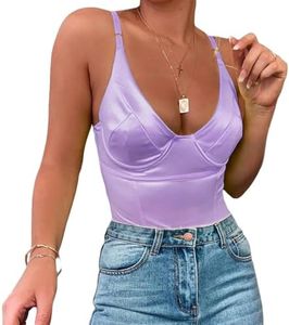 Velius Women's Sexy Deep V Neck Shiny Thong Bodysuit Tank Tops with Underwire (Taro Purple, X-Large)