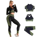 Shopipistic Stylish 3pc Track Suit Gym Wear for Women Workout Set with Butt Lift High Waist Stretchable Leggings, Zipper Crop Top and Cross Strap Sports Bra, Yoga Outfit Co Ord Sets- Green S