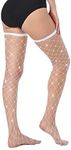 Benefeet Sox Womens Fishnet Thigh High Stockings Rhinestone Fish Net Thigh Highs Lady Sheer Lace Mesh Nylon Glitter Stockings, White, One Size