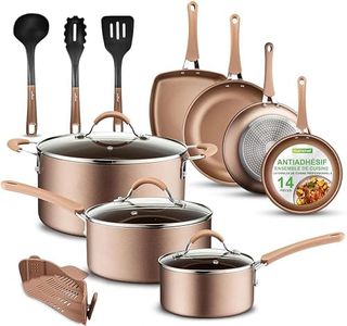 NutriChef Batterie de Cuisine Antiadhésive, Poele et Casserole Induction, Comprenant Casseroles, Poêles, Cocotte, Couvercles et Ustensiles de Cuisine, 14 Pièces, Doré Brillant