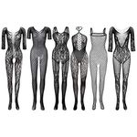 FEPITO 6 Set Women Stockings Lingerie Lace Fishnet Bodysuits for Lingerie Party Date Wearing Black