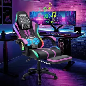 HOFFREE LED Gaming Chair Massage with Speakers Game Chair Big and Tall with Footrest Gamer Chair for 400lbs Computer Desk Chair for Adults Purple and Black