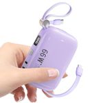 Cute Portable Charger with Built-in Cable, 10000mAh Ultra Slim USB C Power Bank for Girls 66W PD Fast Charging Battery Pack, LED Display for iPhone Samsung iPad AirPods etc - Purple