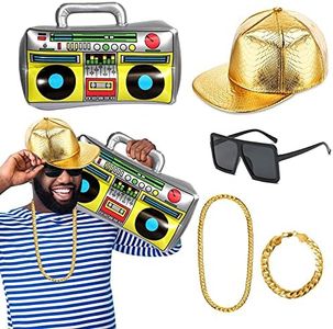 JORAKI Set Kit Déguisement Hip Hop, Kit de Costume Accessoires de Rappeur avec Chapeau Hip Hop, Boîte Radio Gonflable, Chaîne en Or, Bracelet en Or et Lunettes de Soleil for Parties, Rap Concerts