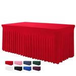 BDDC Red Table Skirts for Rectangle Tables 6ft - Table Clothes for 6 Foot Rectangle Tables, One-Piece Wrinkle Resistant Ruffles Elastic Table Cover and Table Skirt for Banquets, Weddings, Parties