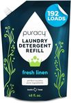 Puracy Natural Liquid Laundry Detergent Refill, 192 Loads, Fresh Linen, 95% Plastic-Free Packaging, Stain Fighting Enzymes, 10x Concentrated Plant-Powered Detergent, Savon Lessive, 1.4L, 48 Ounce