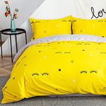 Morbuy King Duvet Cover Set Stars Bedding Set 3 Pieces, Girls Bedroom Soft Comfy Microfiber Yellow Grey Reversible Duvet Cover with 2 Pillow Cases (King-220x230CM, Yellow Eyelashes)