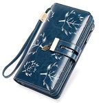 HUANLANG Large Womens Wallet Leather Vintage RFID Blocking Ladies Credit Card Clutch Wallets for Women with Wrist Strap (Leaf Blue)