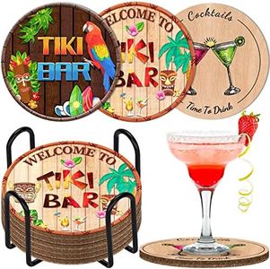 6pcs Drink Coasters with Holder Coasters for Drinks Thick Sturdy Absorbent Cork Coasters Funny Tiki Bar Designs for Coffee Cups Drinking Glasses Table Desk Protection Housewarming Gift Home Decor