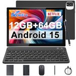 10 inch Android 15 Tablet, 8GB RAM+64GB ROM/ 1TB Expend Tablet, 1.8Ghz Quad-core Processor, 2 in 1 Tablets with Keyboard/Case/Mouse/Stylus, 1280x800 IPS HD Display, 8MP Camera, 5G WI-FI 6 BT 5.0