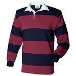 Front Row Sewn Stripe Long Sleeve Sports Rugby Polo Shirt (XL) (Burgundy/Navy)