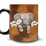 HYTURTLE Special Gifts For Elephant Lovers Wild Animal Lovers - Birthday Christmas - Printed Leather Pattern Elephant And Daisy 11oz Black Ceramic Coffee Tea Mug For Women Men Kids Friends Coworkers