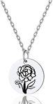 Birth Flower Disc Necklaces for Women September Peony Guardian Month Floral Pendant Sterling Silver Dainty Round Coin Medal Jewelry Birthday Gifts for Mom