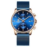 Men’s Watch Fashion Sleek Minimalist Quartz Analog Mesh Stainless Steel Waterproof Chronograph Watches, Auto Date in Gold Hands, Color: Rose Gold Tone Blue