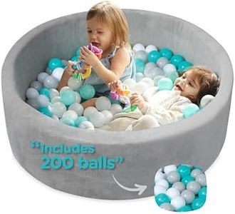 Nuby Velvet Ball Pit - 200 Balls Included - Soft Play Foam Ball Pits for Baby and Toddlers with 200 Colored Balls, Ball Pit Playpen, Indoor Play Gym, Outdoor Play Ball Pit for Babies, Aqua & Gray