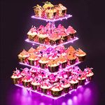 YestBuy Premium 4 Tier Acrylic Cupcake Holder Stand Tower Display for Pastry with LED Light String for Weddings, Birthday (Pink)