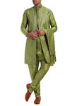 Amazon Brand - Anarva Men's Embroidery Art Silk Traditional Kurta Pajama with Jacket and Scarf Regular Fit 4 Piece Set (Green,Medium)