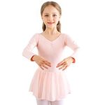 Bezioner Girls Ballet Dress Kids Gymnastics Dance Leotard Costume Dancewear With Skirt (Pink Long Sleeve, 120(110-120cm,6-7 Years))