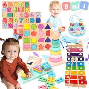 RIVERMUM- Juguetes Educativos Montessori de Apilar y Encajar,8 en 1 con xilofono Bebe, Montessori 1 Año, Regalos Originales Bebes 1 Año, Juguetes Niña 2 Años, (Incluye 8 Juguetes de Madera)