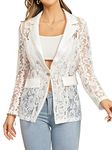 WDIRARA Women's Floral Lace Mesh One Button Lapel Neck Long Sleeve Elegant Jacket Blazer, White, X-Small