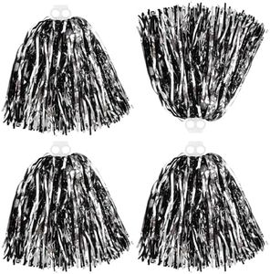 Thenshop Cheerleading Pom Poms 4 Pack Cheerleader Squad Spirited Fun Pompoms Pom Poms Cheer Poms Hand Flowers Metallic Foil Pompoms for Adults Sports Team Spirit Cheering Party(Black and Silver)