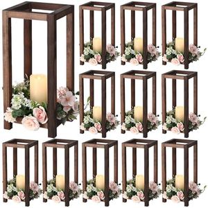 12 Pcs Wooden Wedding Lantern Centerpiece Integrated Rustic Wedding Candle Holders for Rustic Wedding Table Decoration Farmhouse Candle Lantern for Table Fireplace Wedding (12.99 Inch High)