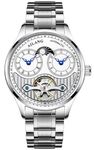 B BINGER Skeleton Watches for Men Automatic Self Winding Mechanical Steel Case(Leather Band White Face)