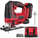 Jigsaw 20V Cordless Jigsaw with 4 Orbital Settings, 2700 SPM, 10-Piece T-shank Blade Set, 2.0 Ah Battery, Fast Charger, Tool-Free Blade Clamp, 45° Bevel Adjustment, LED Light, Parallel Saw Guide