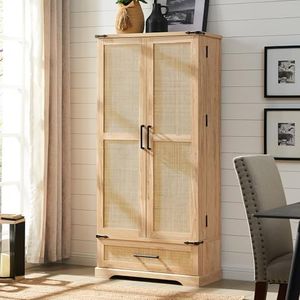 ACCOHOHO 72" Tall Rattan Kitchen Pantry Cabinet with Drawer, Boho Storage Cabinet with 2 Rattan Doors and Shelves, Versatile Large Cabinet for Dining Room, Bathroom, Living Room, Laudry, Natural Oak