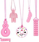 5Pcs Sensory Chew Necklace, Pink Teether Chew Toys for Autistic Children, Anxiety, Biting Needs Silicone Chewy Teether Toy Made of Food Grade Silicone for Kids Teething Oral Motor Chewy