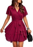TcIFE Women's Casual Dress Deep V-Neck Short Sleeve Waist Tie Ruffle Chiffon Elegant Mini Short Swing Skater Dresses, WineRed, L