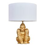 MiniSun Modern Gold Sitting Gorilla Design Table Lamp with a White Cylinder Shade - Complete with a 4w LED Golfball Bulb [3000K Warm White]