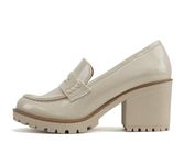 Soda “Kinder” ~ Women Slip On Chunky Mid Heel Lug Sole Penny Loafer Shoe, Bone Patent, 5 UK