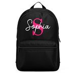 Purple Print House Personalised Pink Name and Initial Mini Backpack, Girls Custom Back to School Bag, Gifts for Daughter on First Day of Nursery or Primary School, Black