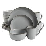 Gibson Home Round Stoneware Rockaway Dinnerware Set, Service for 4 (16pcs), Grey/Gold Rim