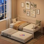 GarveeHome Daybed with Trundle, Twin Daybed Frame, Sturdy Metal Sofa Bed Frame with Steel Slat Support for Living Room, Bedroom and Guest Room, White