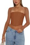 REORIA Women's Fall Sexy Trendy Mesh Long Sleeve Boned Square Neck Crop Tops Corset Slim Fit Going Out Busiter Tops (Brown Small)