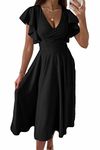 PRETTYGARDEN Women's 2024 Summer Midi Dress Ruffle Cap Sleeve V Neck Swing A Line Cocktail Party Dresses (Black,X-Large)