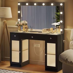 IFSEB Vanity Desk with Large Mirror and Lights, Glass Top Makeup Vanity with Lights & Power Outlet for Bedroom, 3 Color Lighting Modes, Black Dressing Table for Women, Girls