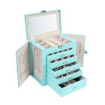 BOOVO Jewelry Box for Women, 6 Layer Large Jewelry Organizer with Mirror, Multi-Function Storage Box with Lock, Accessory Holder with 5 Drawers, for Earrings Necklace Ring Bracelet (Turquoise)