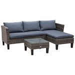 Outsunny 3 Pcs Garden Sofa PE Rattan Set w/ 2 Seats Square Glass Top Coffee Table Thick Cushions Solid Legs Metal Frame Patio Outdoor Balcony Patio L Corner Shape - Grey