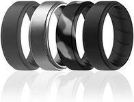 ROQ Silicone Rubber Wedding Ring for Men, Comfort Fit, Men's Wedding Band, Breathable Rubber Engagement Ring/Band, Step Edge, 8mm Wide 2mm Thick, 4 Pack, Black, Black Camo, Silver, Grey, Size 7