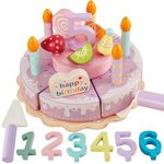 HERSITY Wooden Birthday Cake Toy Cutting Food Pretend Play Kitchen for Toddlers, Girls Afternoon Tea Party Set DIY Fruit Cake Toy with Candles Numbers Desserts Kids for 3 4 5 Years Old