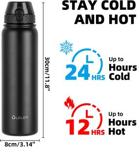 OLDLEY 1L Stainless Steel Water Bottle – Vacuum Insulated, Leakproof, Black