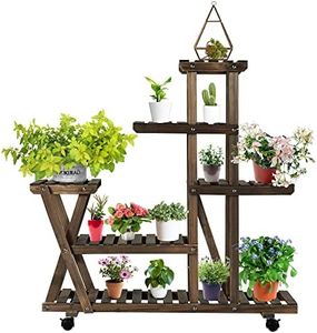 Yaheetech Supports de Pots de Fleurs en Bois pour 5 étagères avec Roues escaliers à Plusieurs Niveaux 97 x 33 x 101 cm