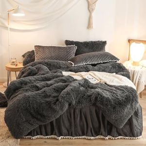 HAIHUA Dark Gray Luxury Fluffy Shaggy Duvet Cover,Cute Faux Fur Comforter Set (1 Faux Fur Duvet Cover + 2 Fluffy Velvet Pillow Cases) Fuzzy Bedding 3 Pieces Set,Zipper Closure (Dark Gray, King)