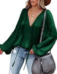 Chigant Women's Satin Silk Blouse Lantern Long Sleeve Shirts Casual V Neck Plus Size Tops S-3XL, Dark Green, Medium